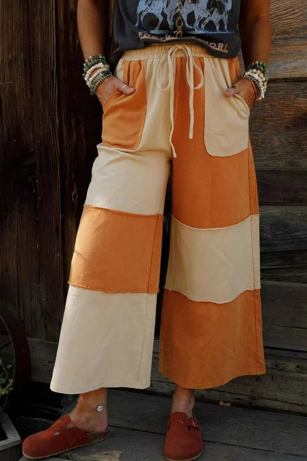 Colorblock Raw Seam Wide Leg Pants - Orange Cream Drawstring
