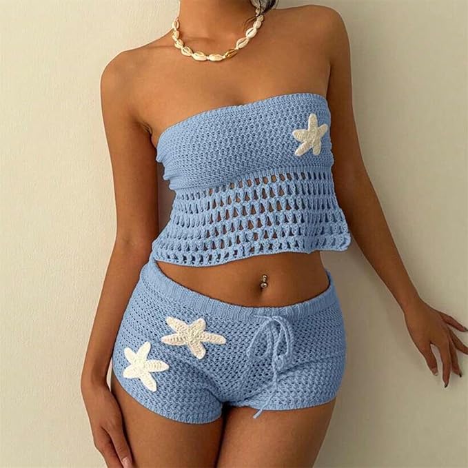 Crochet Tube Top and Shorts Set - Drawstring Two-Piece
