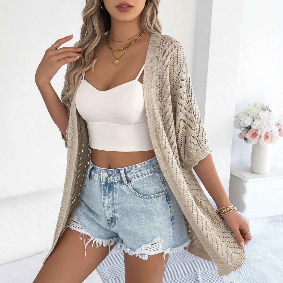Women's Lightweight Open Front Knit Cardigan - Chevron Pointelle