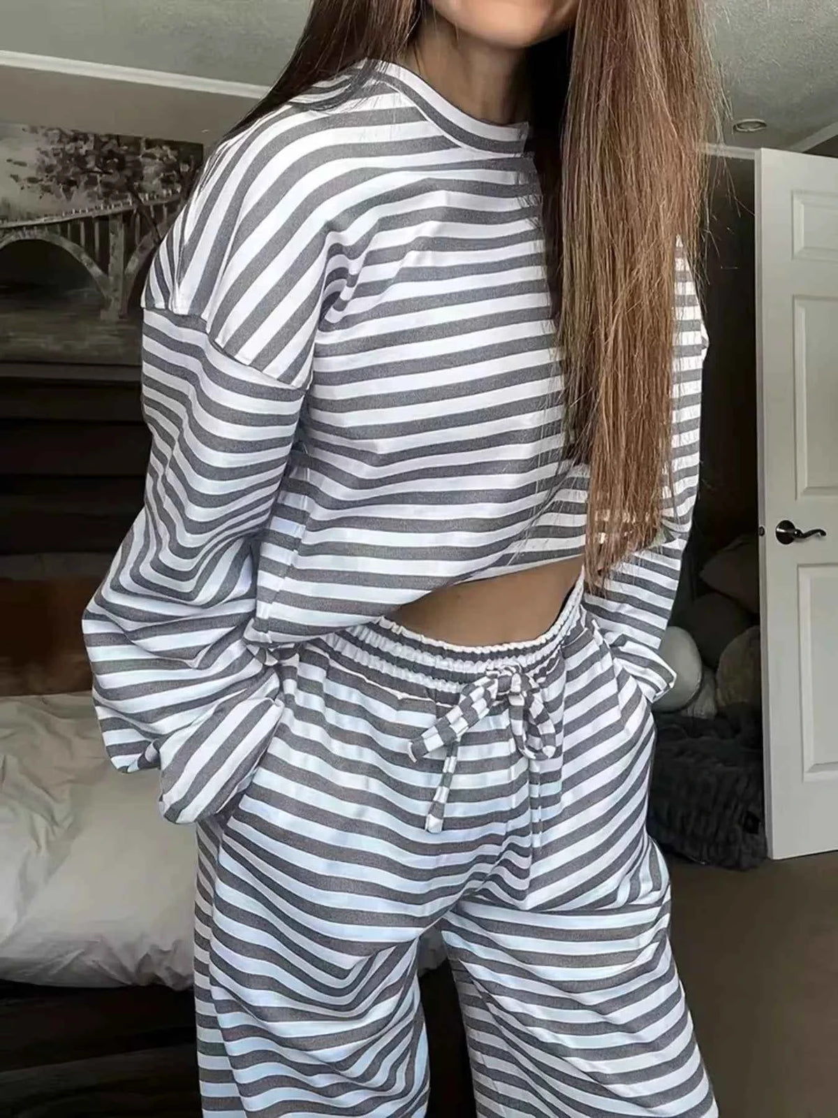 Striped Lounge Set - Relaxed Oversized Top Wide Leg Pants