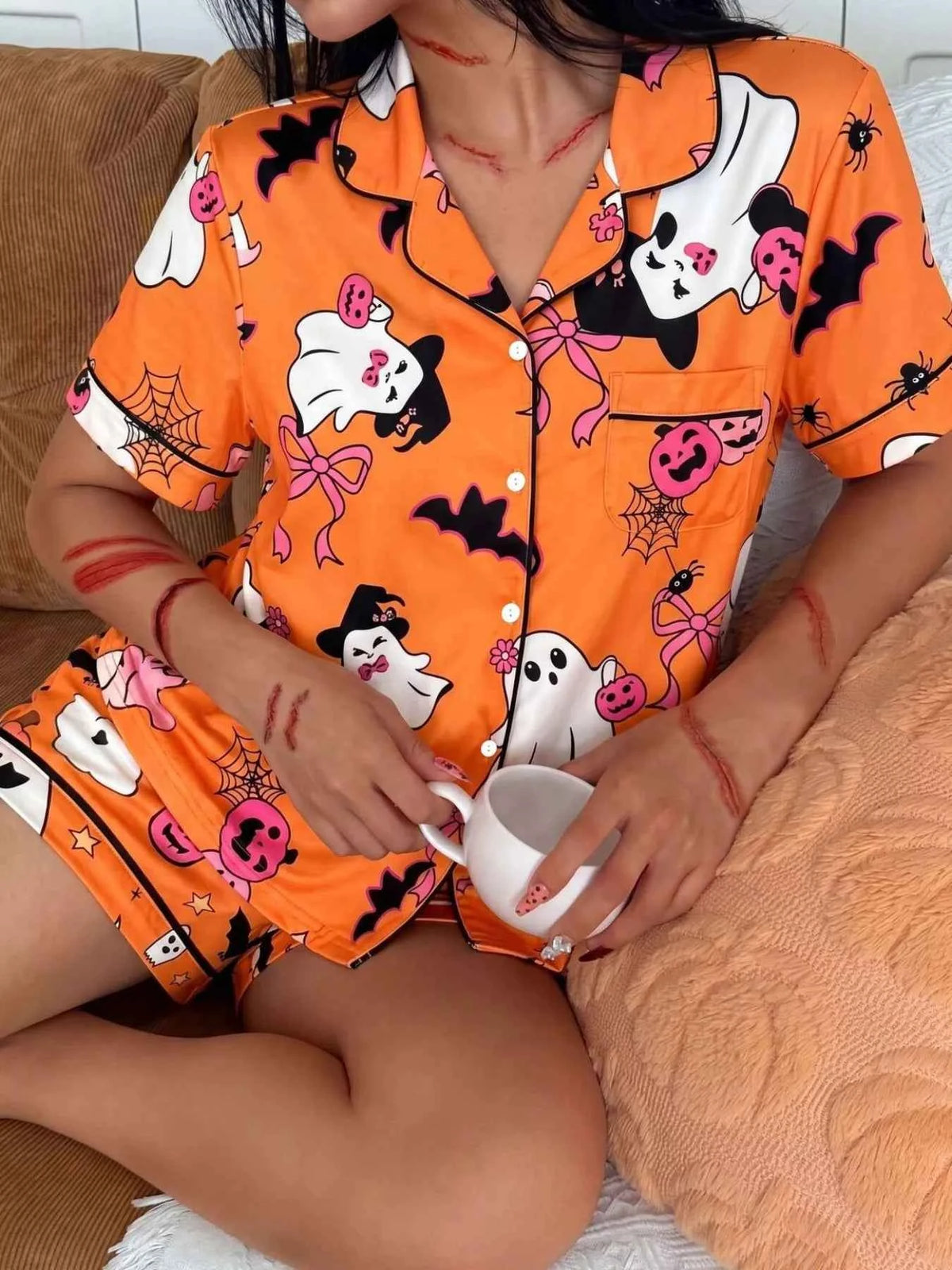 Ghost Print Lounge Set - Button-Down Top and Shorts Halloween