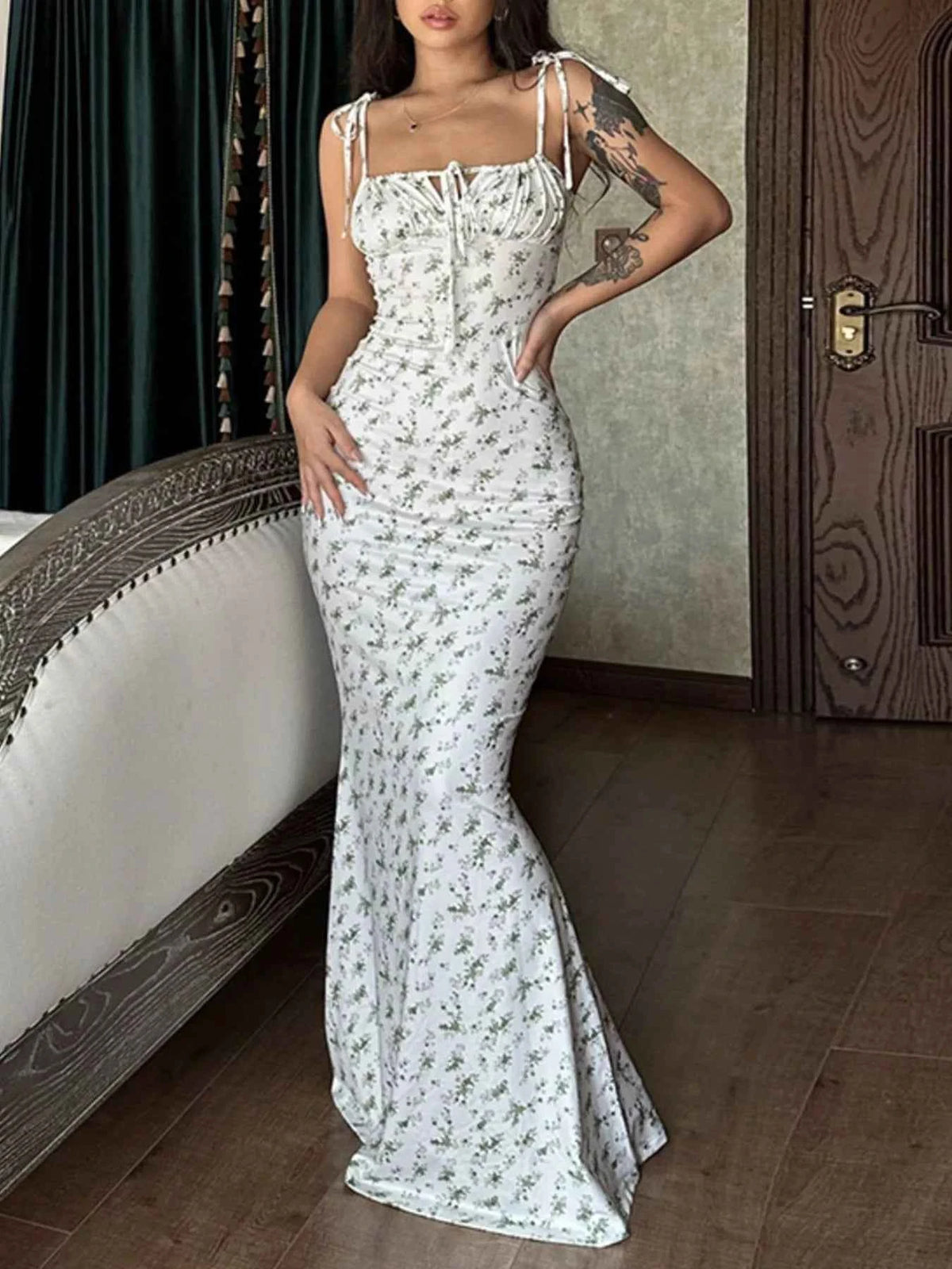 Ditsy Floral Tie-Strap Maxi Dress - Ruched Mermaid Bodycon