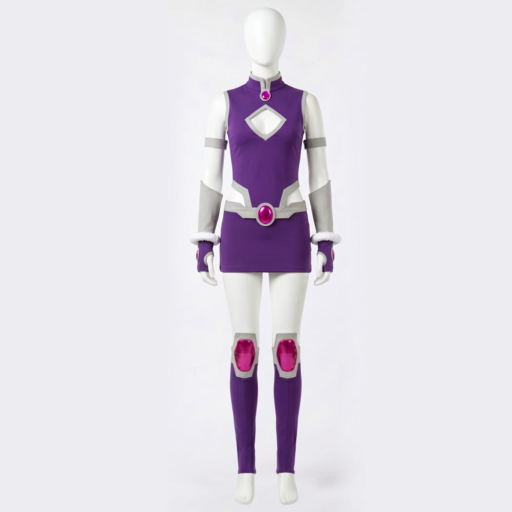 Purple cutout dress with belt detail and matching leg gaiters costume set