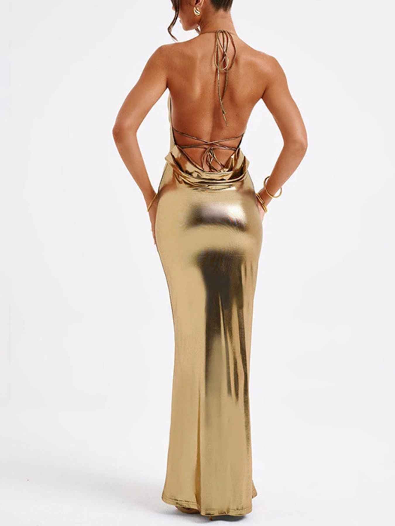Ruched Halter Maxi Dress - Backless Tied Metallic Gown