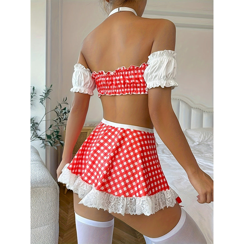 Red Gingham Maid Lingerie - Ruffled Crop Top And Skirt