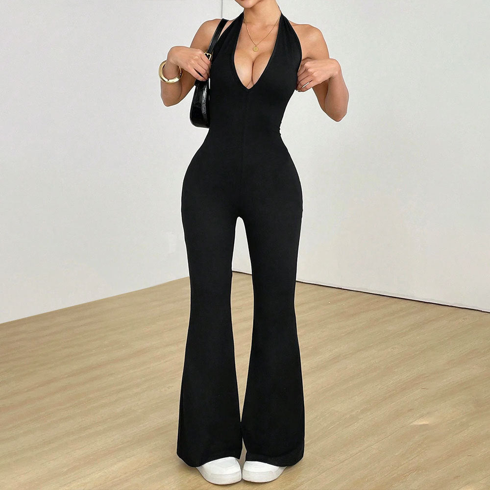 Black Halter Flare Jumpsuit - Deep V Open Back