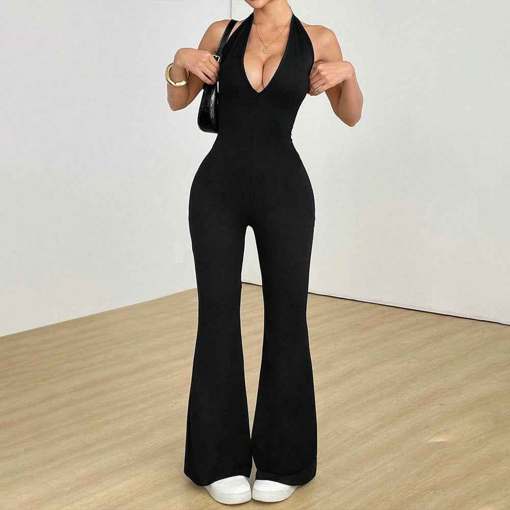 Black Halter Flare Jumpsuit - Deep V Open Back