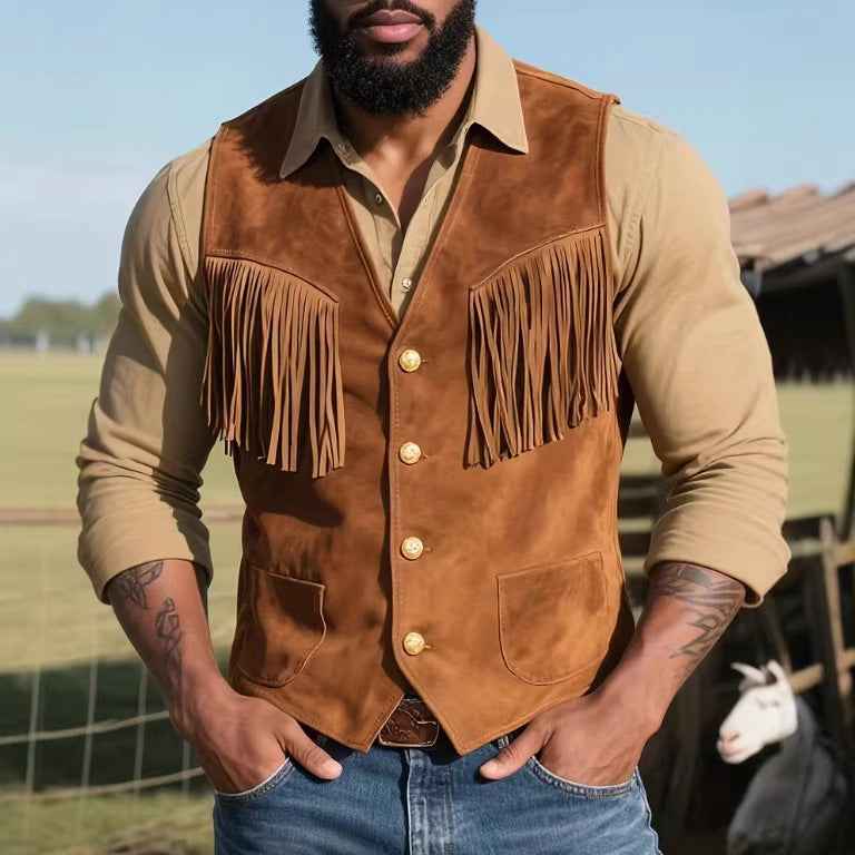 Men's Suede-Look Fringe Vest - Western Button-Front Style