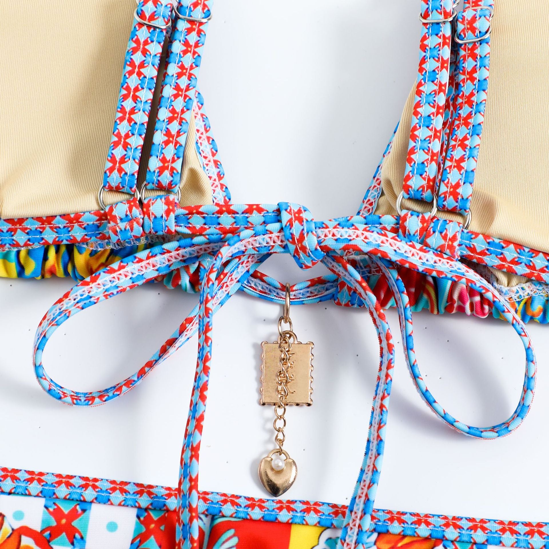 Colorful Floral Bikini Set - Triangle Top Chain Charm