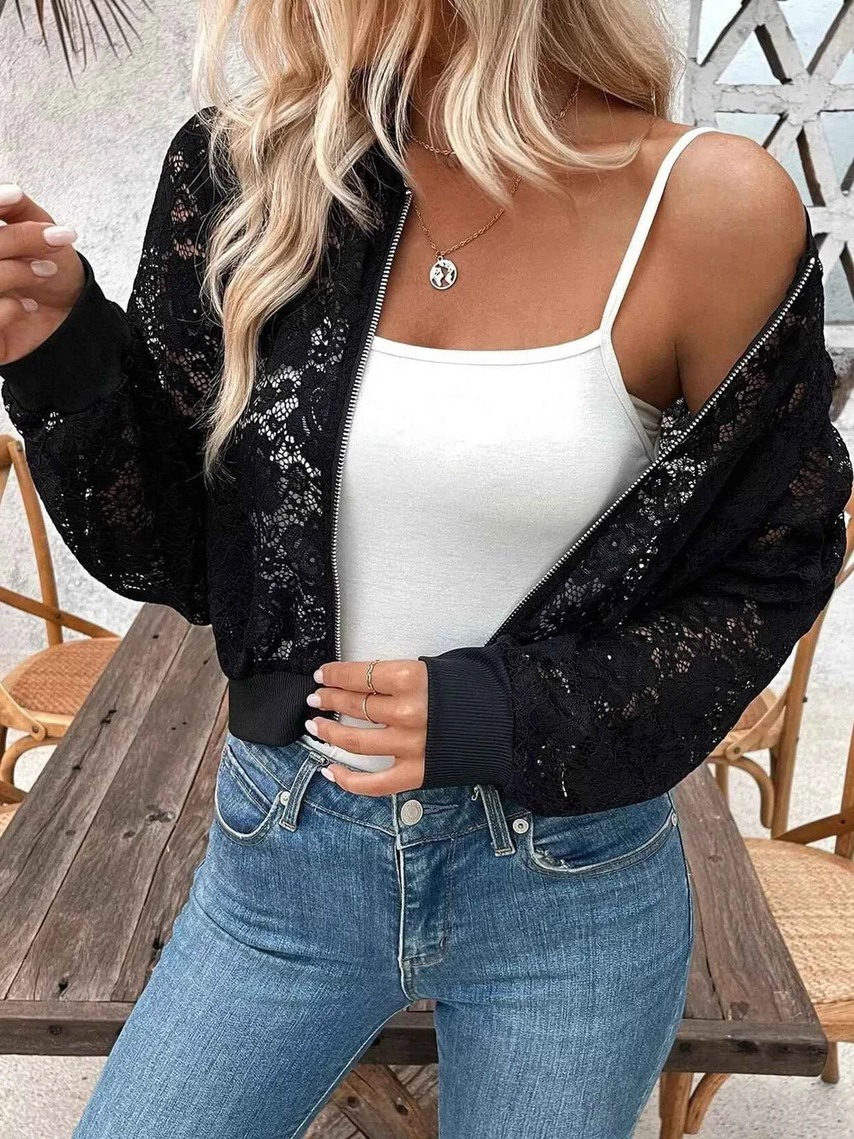 Sheer Lace Zip Up Jacket