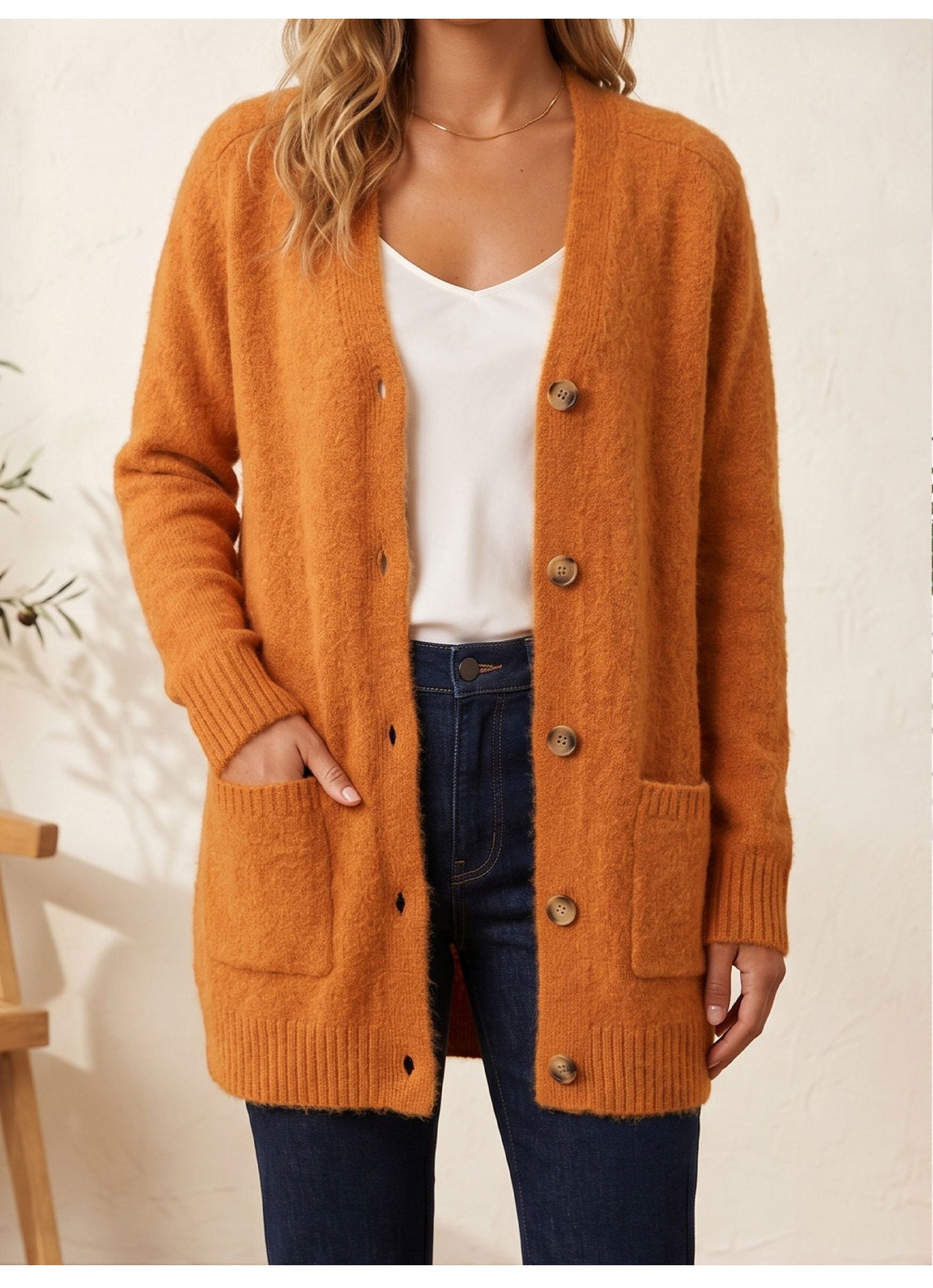 Orange Oversized Knit Button-Up Cardigan - Cozy Fall Layer