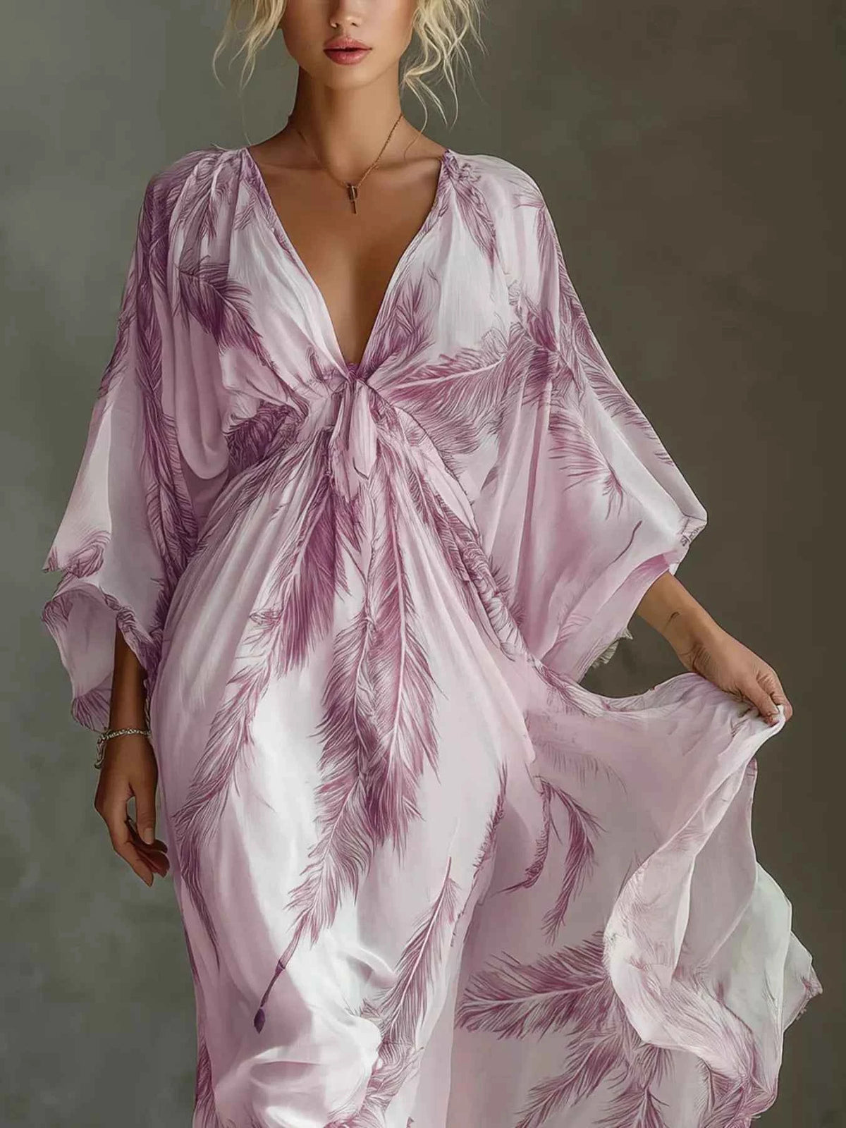 Feather Print Tie Front Maxi Dress - Flowing Sleeve Detail