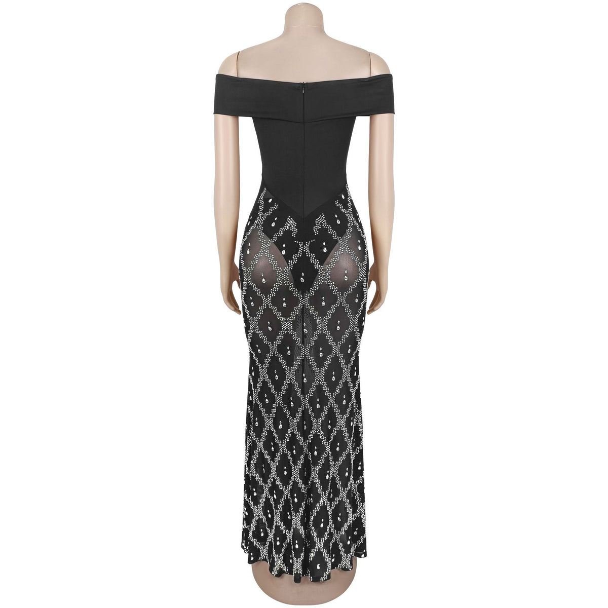 Black Off-Shoulder Sequin Mesh Maxi Gown - Diamond Lattice Crystal Skirt