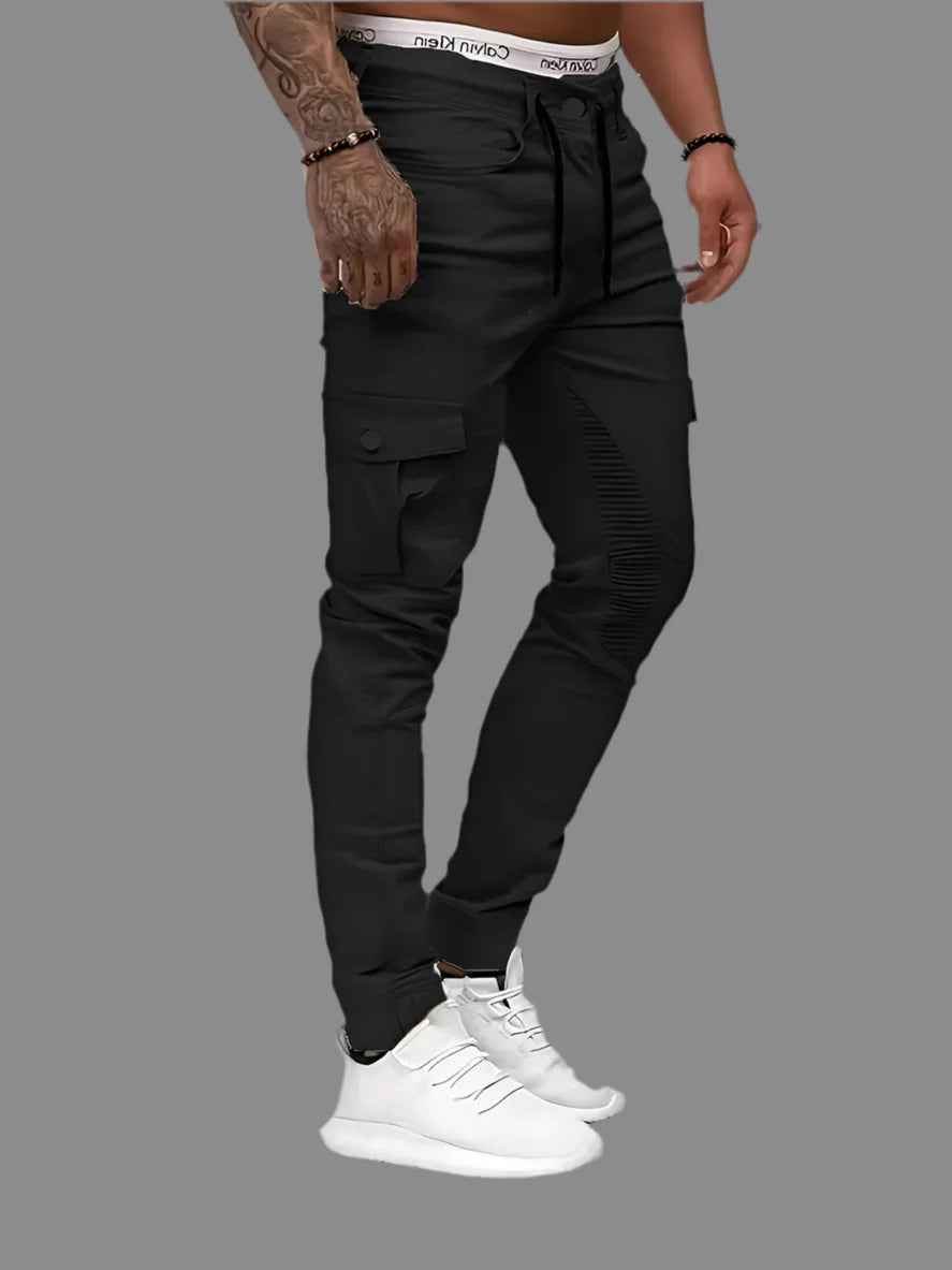 Black Cargo Pants Men - Ribbed Knee Moto Slim Tapered Fit