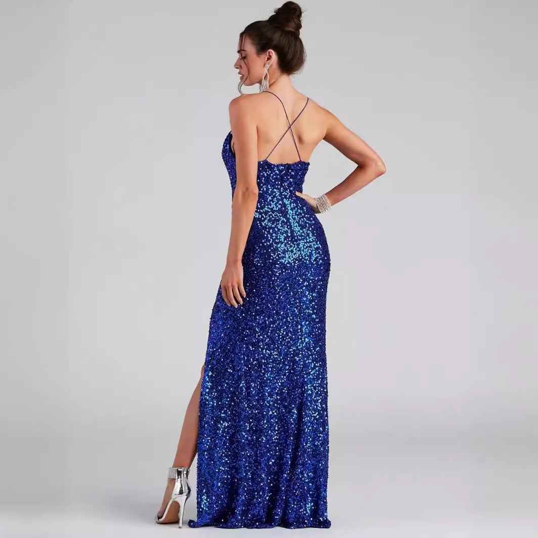 Sequin Camisole Maxi Dress - Thigh Split V-Neck Glam