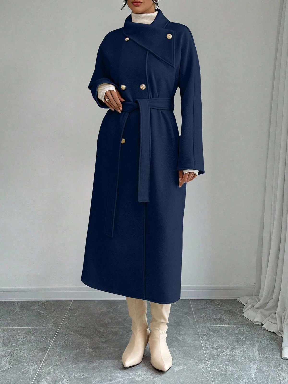 Double-Breasted Long Coat - Waist Tie & Wide Lapels