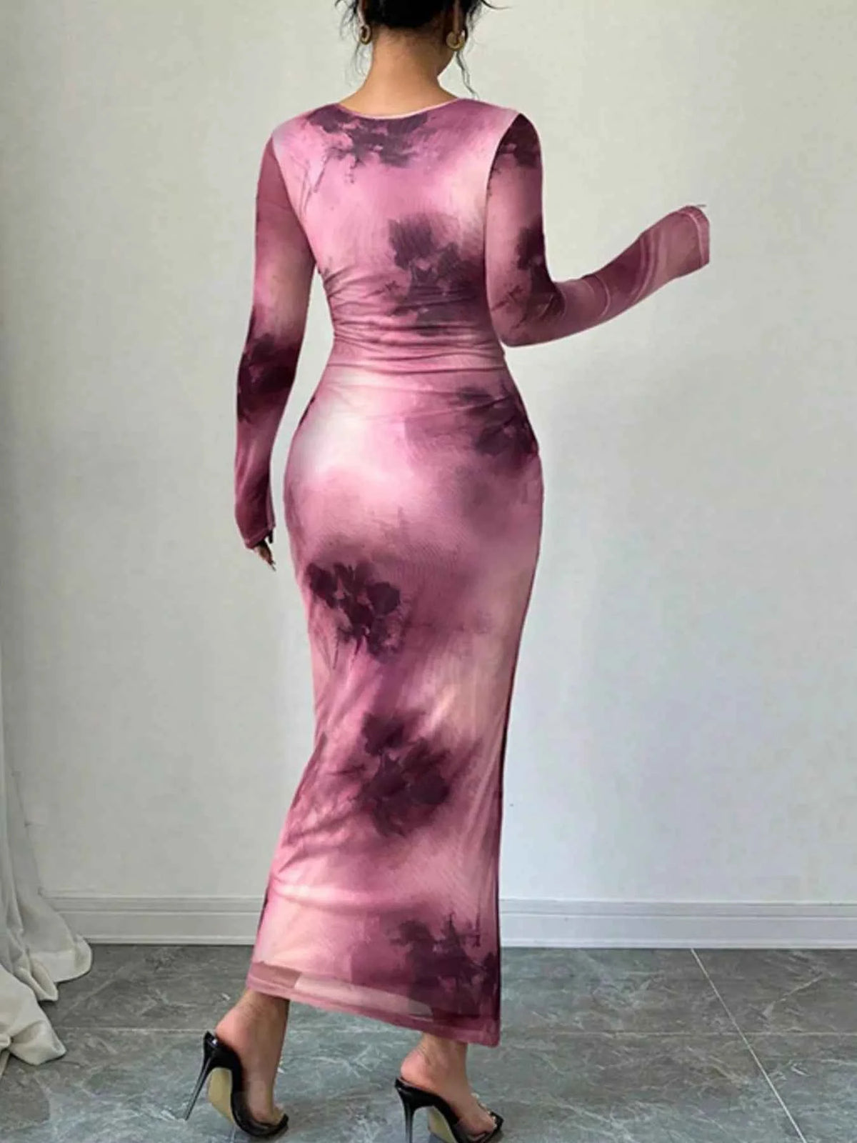 Tie-Dye Print Bodycon Maxi Dress - Ruched Sheer Mesh Long Sleeve