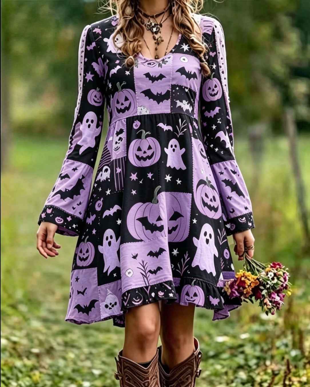 Halloween Print Mini Dress - V-Neck & Flared Sleeves