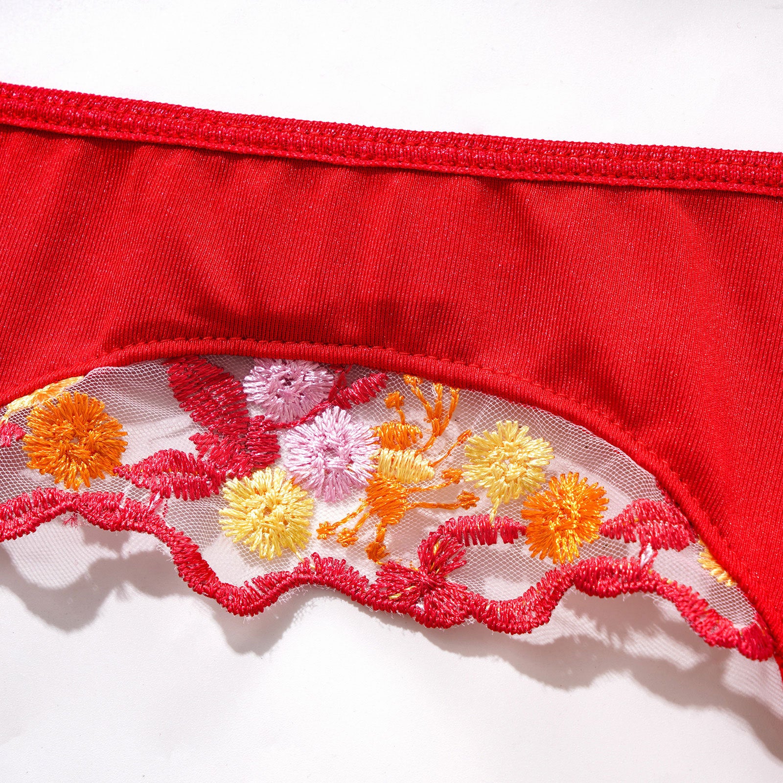 Red Embroidered Lingerie Set - Underwire Bra Garter Belt Thong