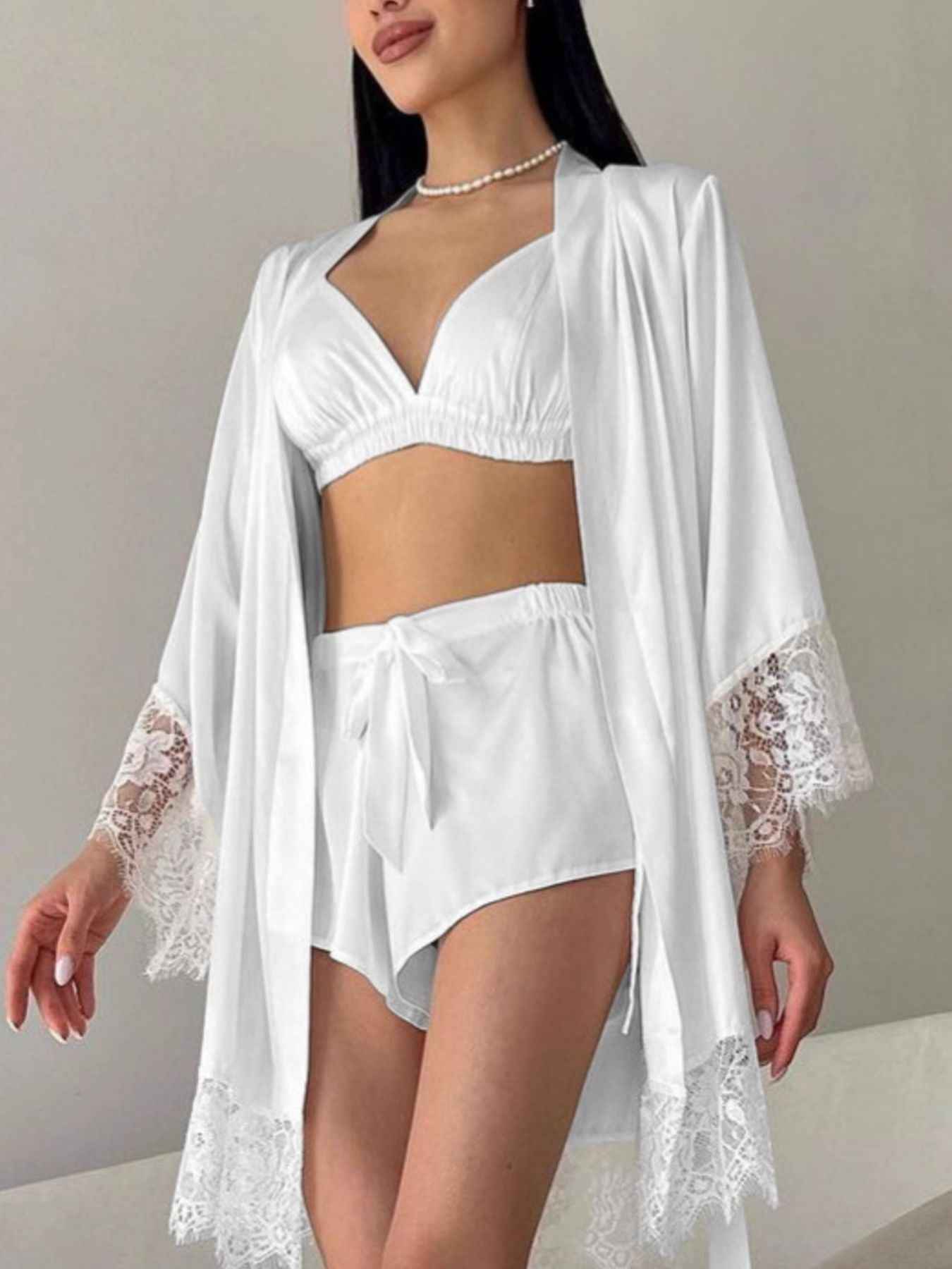 Shorts Lounge Set - Cami and Lace Trim Cardigan