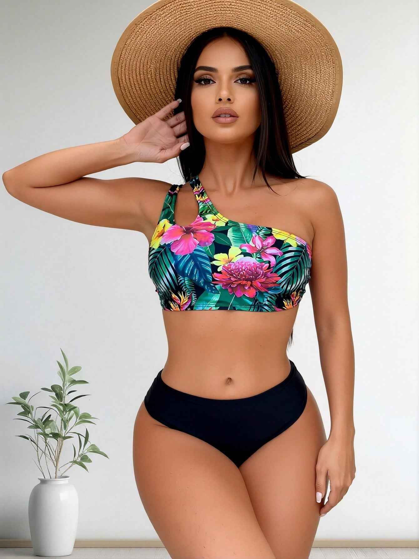 2026 New Tropical Floral Print One Shoulder Bikini Set, Cutout Top With Solid High Waist Bottom