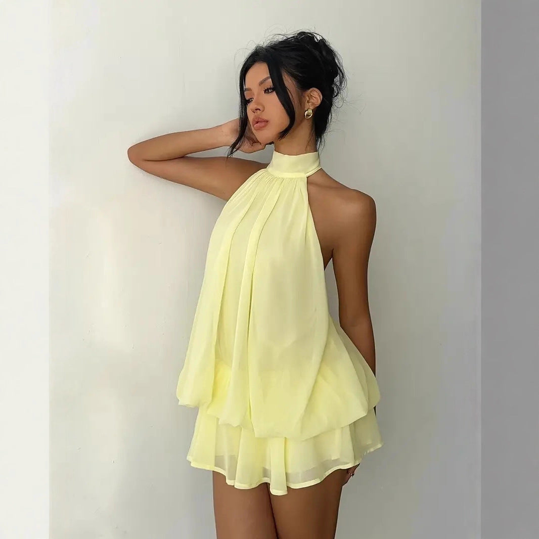 Backless Halter Neck Tiered Mini Dress - Chiffon Vacation Dress