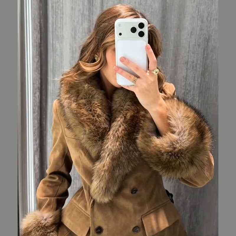 Brown Faux Suede Jacket - Plush Collar and Cuff Trim