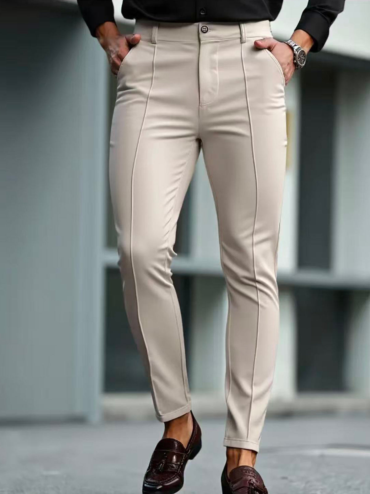 Men's slim-fit cropped dress pants in light apricot with front seams