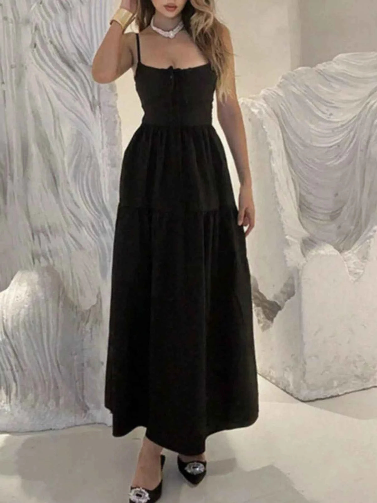 Lace-Up Back Maxi Dress - Ruched Bust Tiered Cami