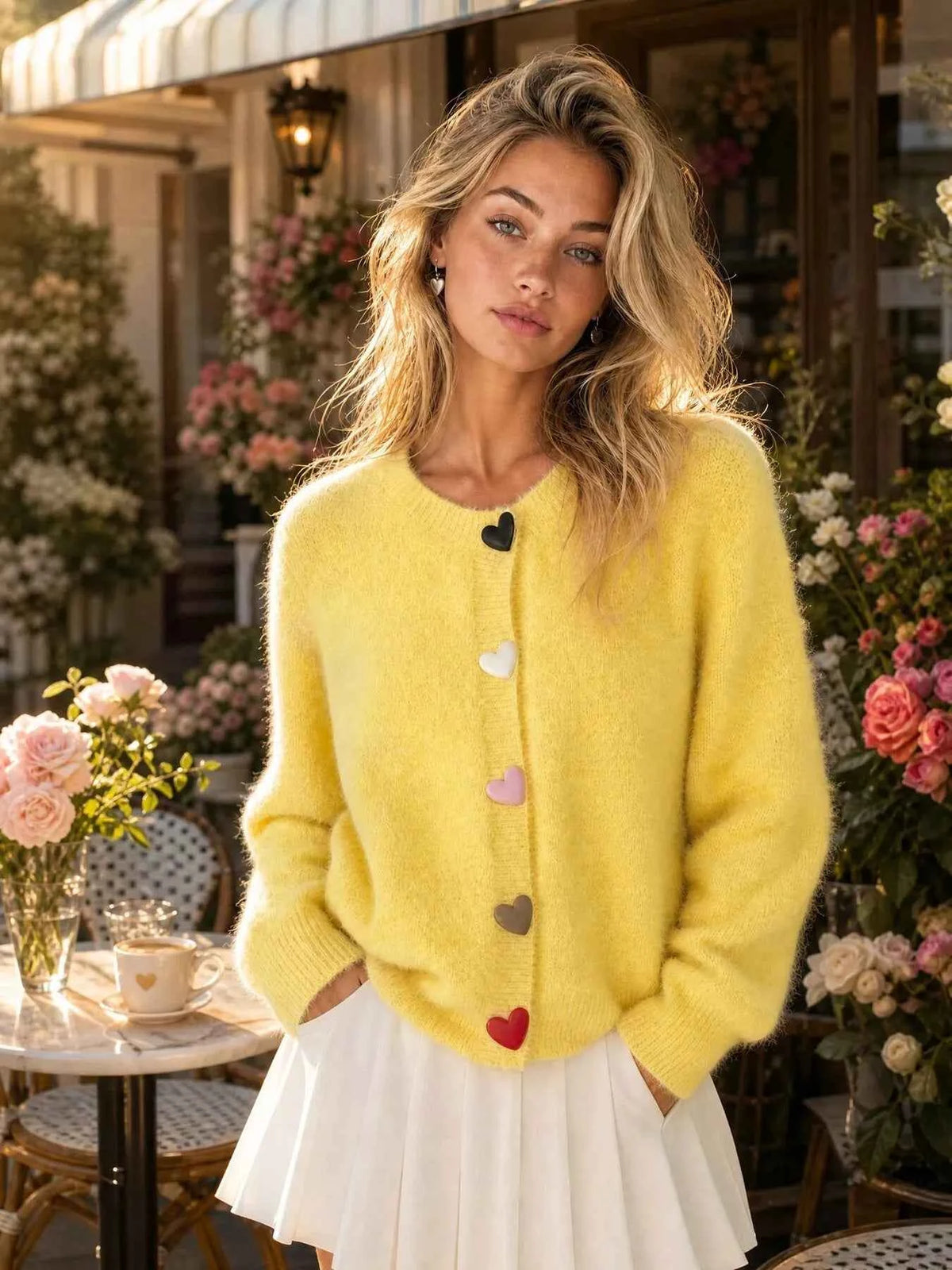 Yellow Fuzzy Heart Button Cardigan - Playful Multicolor Front