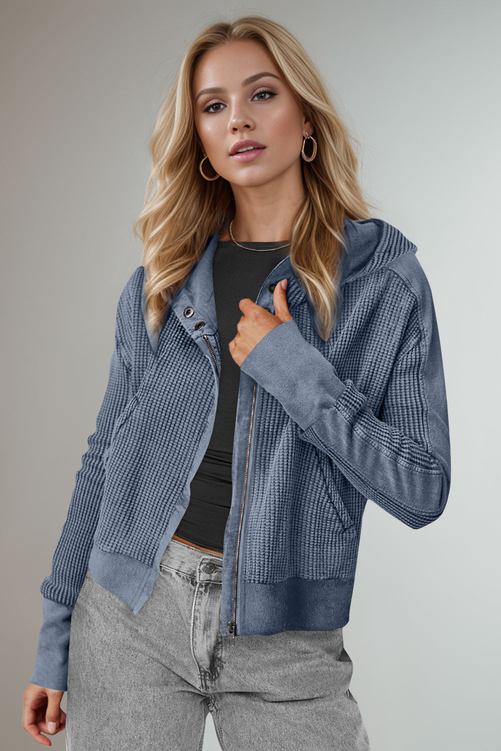 Double Take Waffle-Knit Zip Up Long Sleeve Hooded Jacket - Fashions Envy