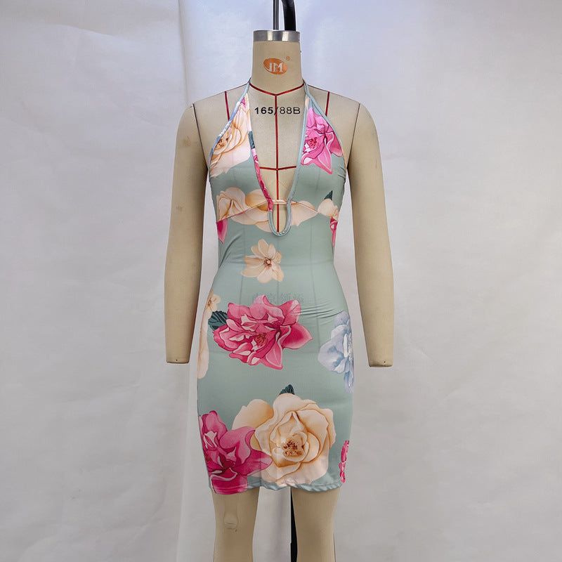 Floral Pattern Bodycon Dress - Sexy Deep V-Neck Halter