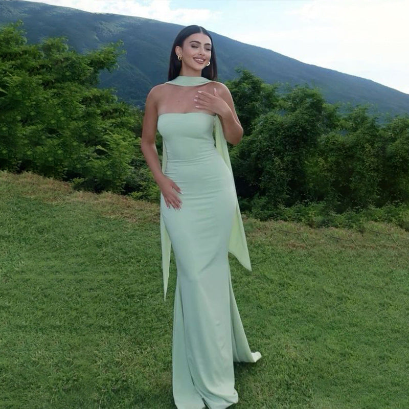 Strapless Ribbon-Trimmed Formal Gown - Fitted Sheath Dress