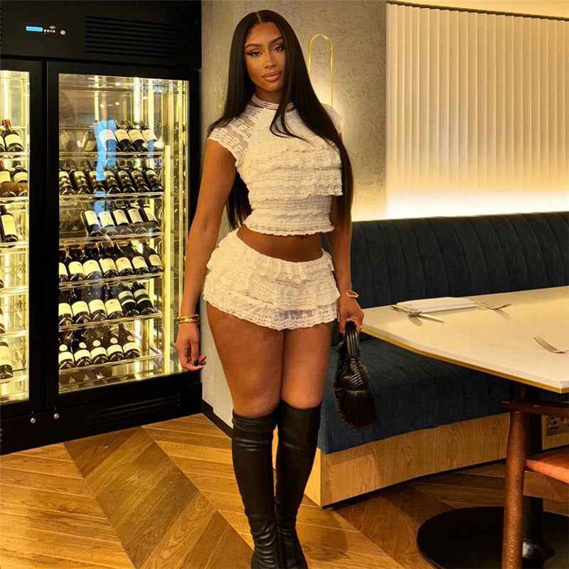 Cutout Crop Top Shorts Set - Midriff Slim Fit Two Piece