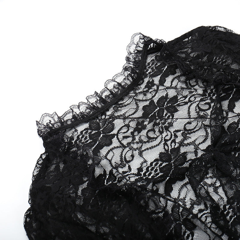 Black Lace Cropped Top - Dramatic Flared Sleeve Shrug