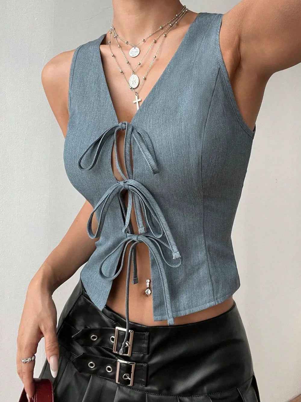 Blue Lace-Up Bow Crop Top - Deep V Tie-Front Sleeveless Tank