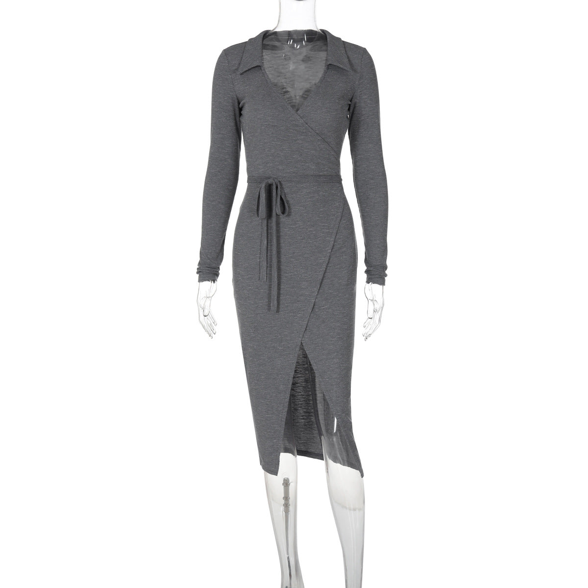 Bodycon Dress - Long Sleeve Tie Waist Split - Fashions Envy