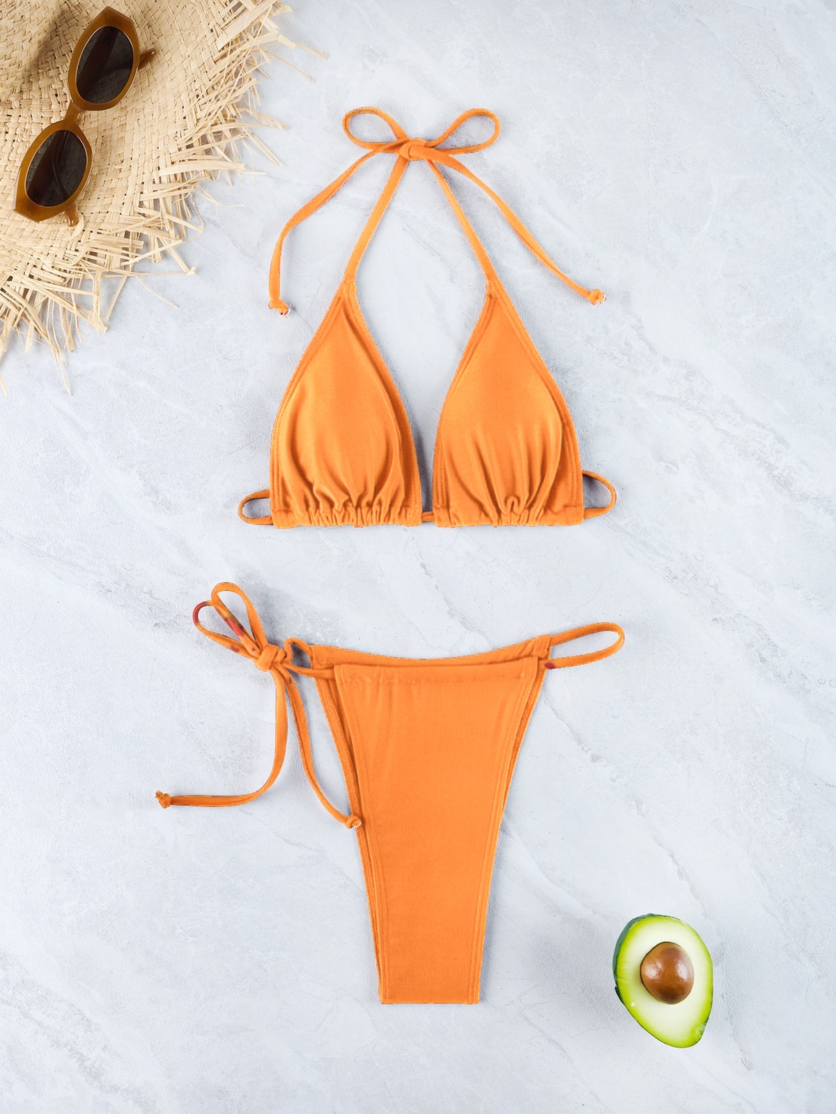 Triangle halter bikini set with orange triangle top and matching orange string bottoms