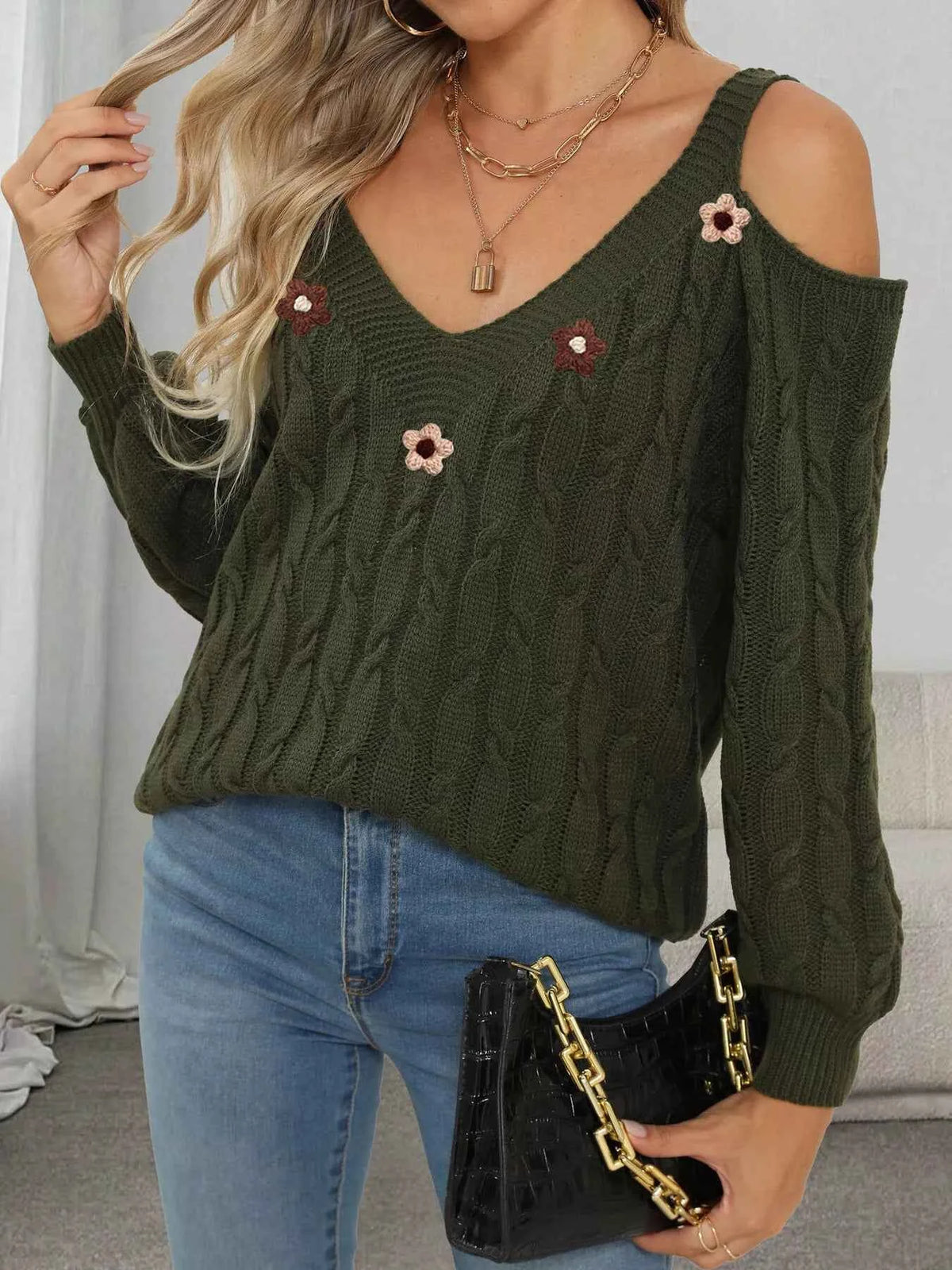 Cold Shoulder Cable Knit Sweater - Floral Applique Detail