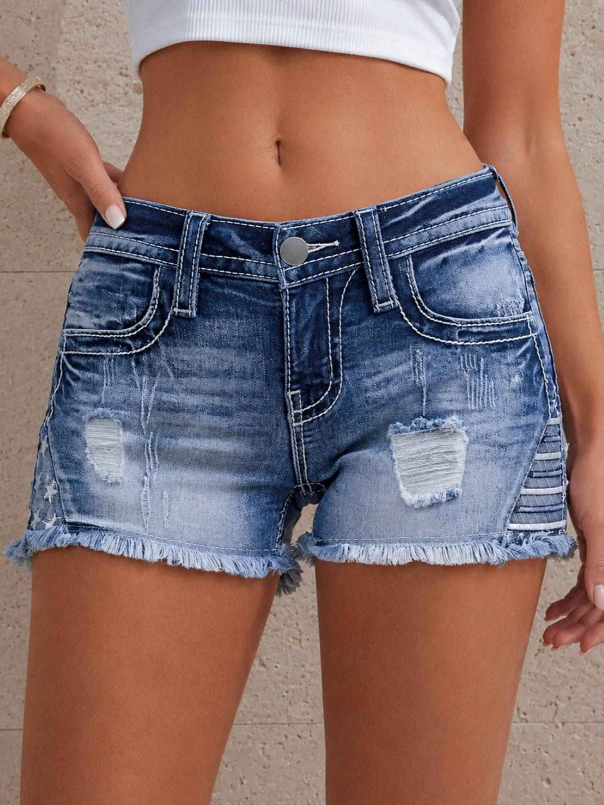 Blue Ripped Denim Shorts - Star Patch Frayed Hem Detail