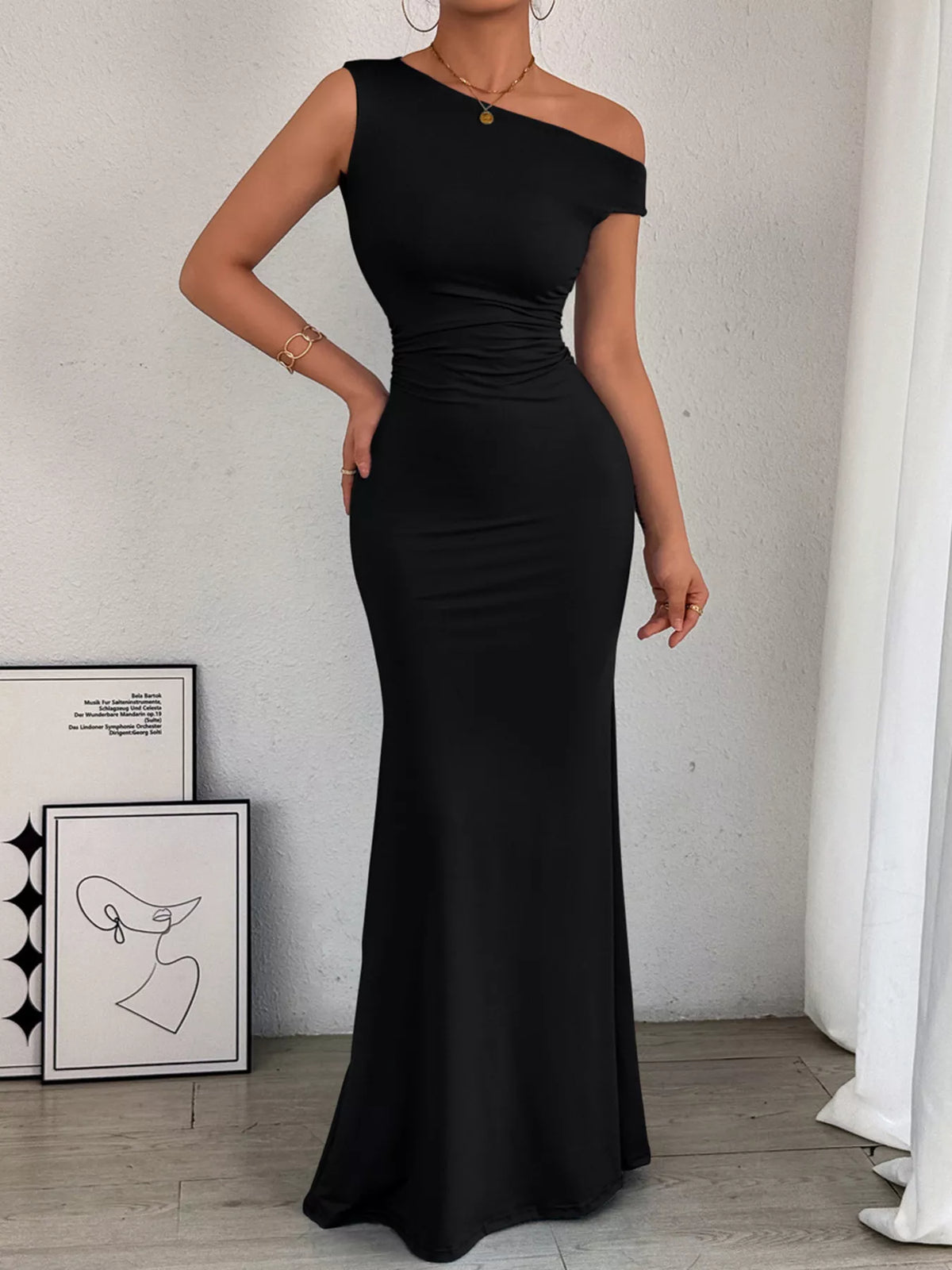 One-Shoulder Ruched Maxi Dress - Asymmetric Neckline
