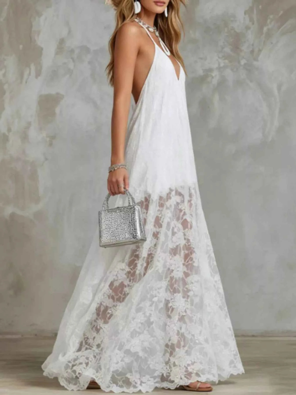 White Halter Neck Maxi Dress - Floral Lace Hem Panels