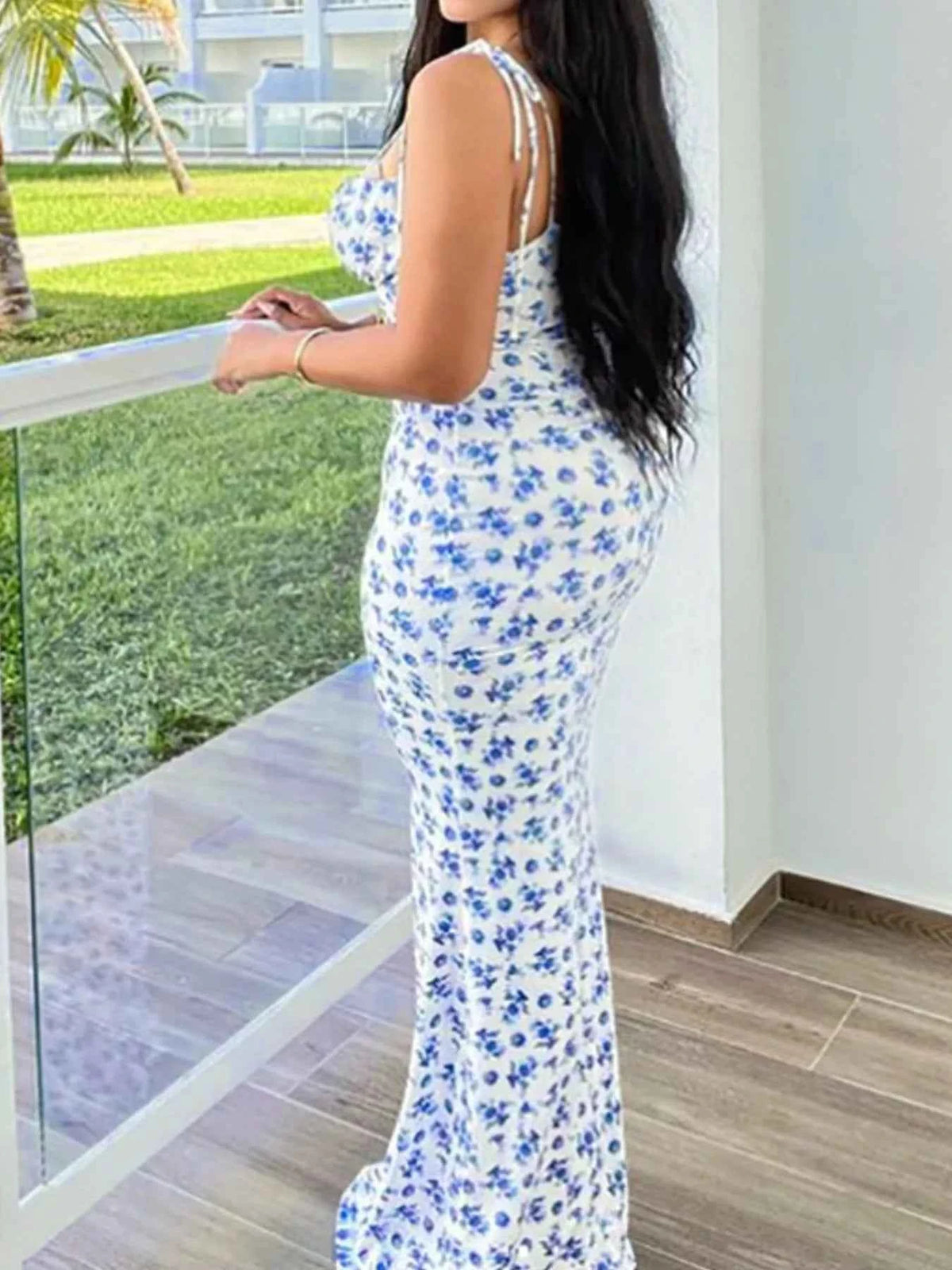 Ditsy Floral Tie-Strap Maxi Dress - Ruched Mermaid Bodycon