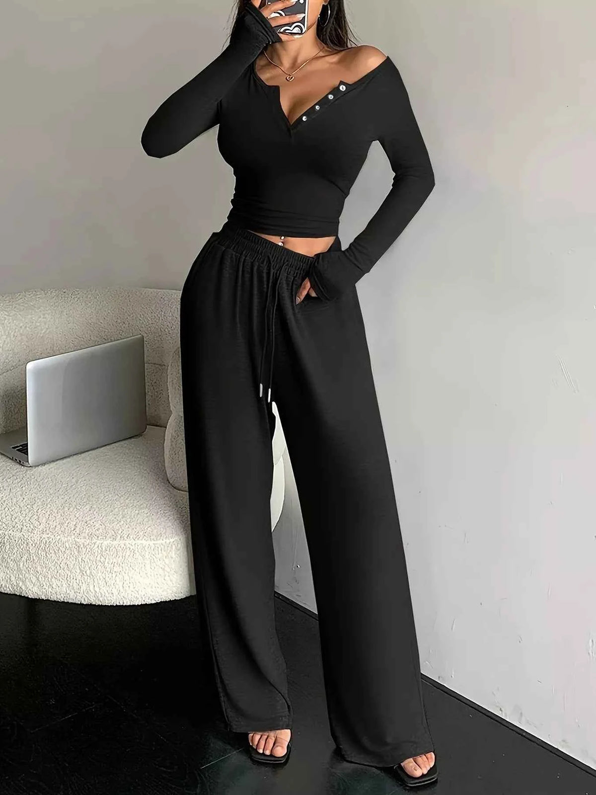 Button Detail Two Piece Set - Wide Leg Drawstring Pants