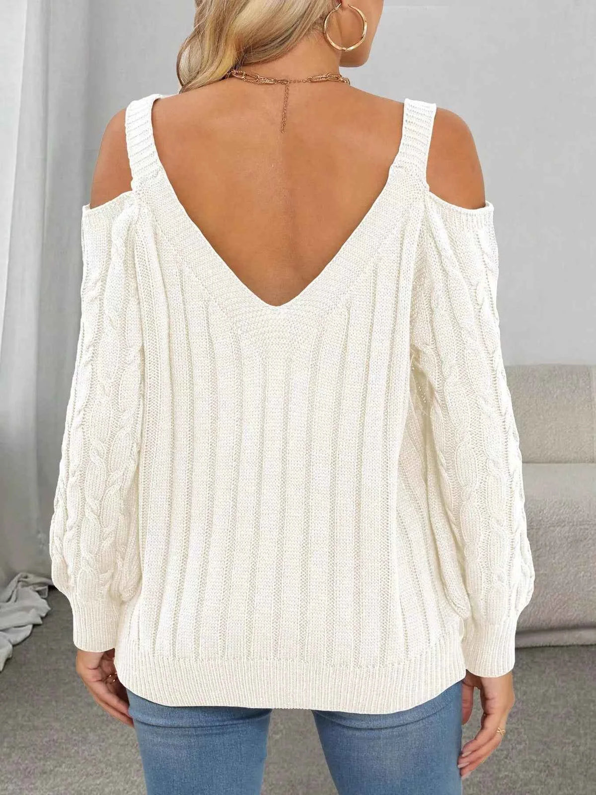 Cold Shoulder Cable Knit Sweater - Floral Applique Detail