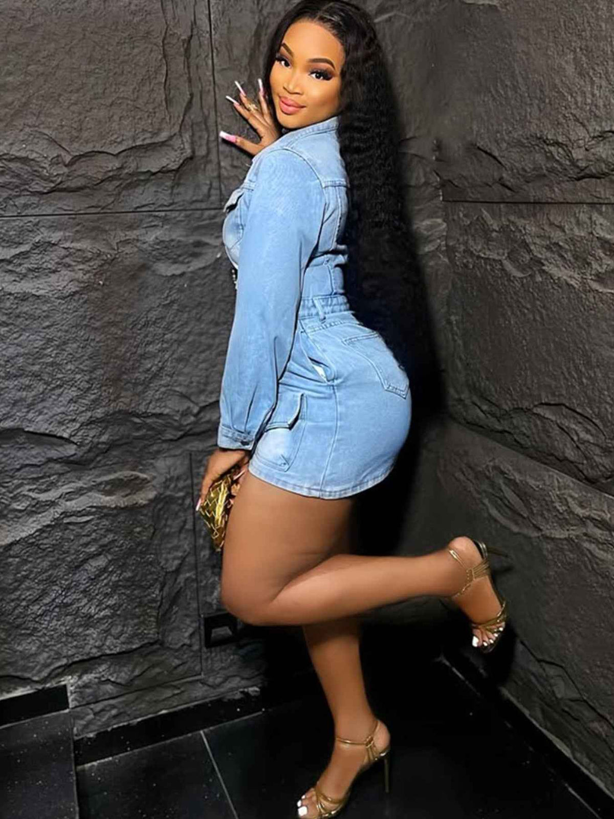 Blue Denim Two-Piece Set - Button Jacket and Cargo Mini Skirt