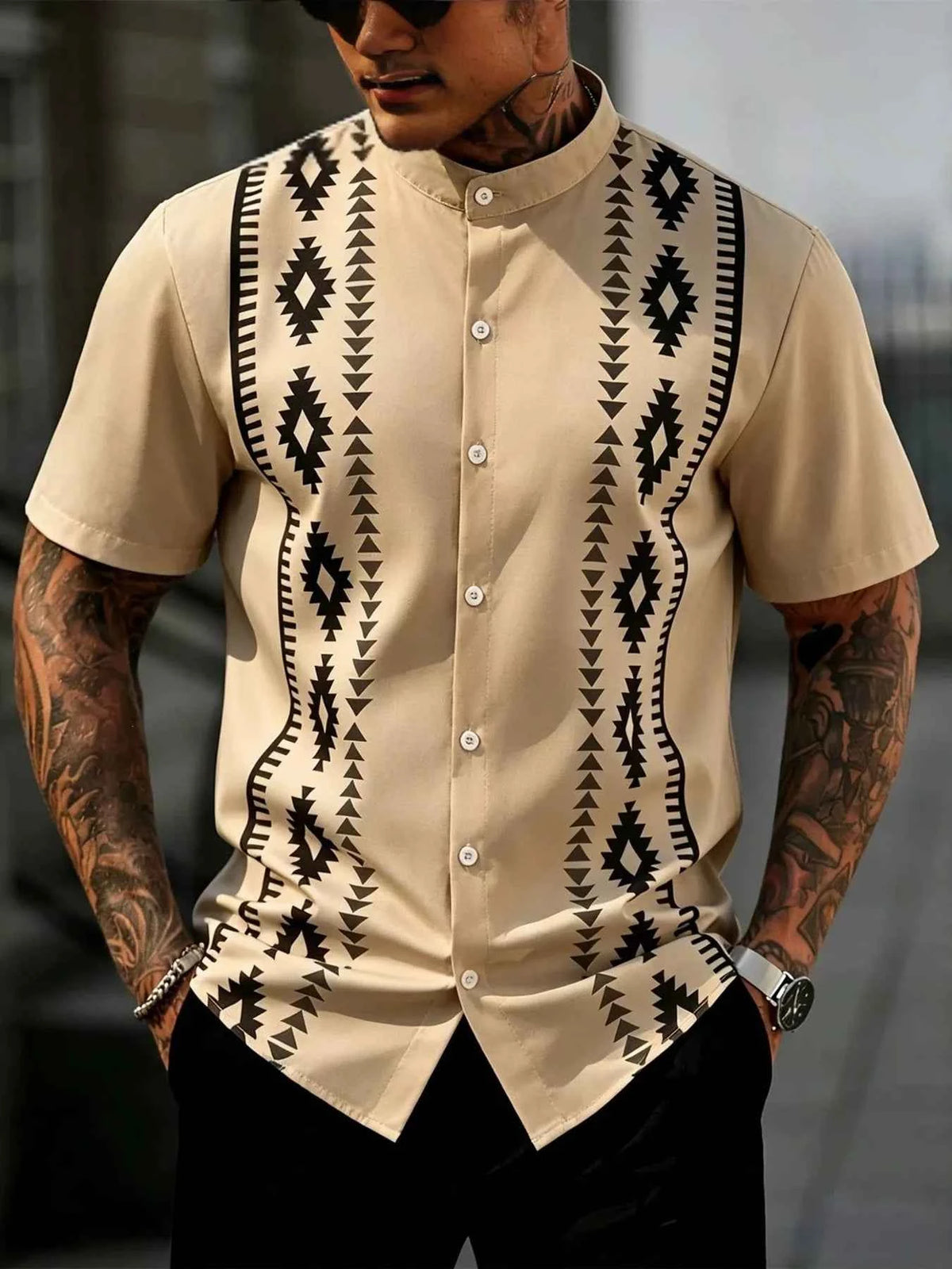 Men's Aztec Geometric Print Button Shirt - Short Sleeve