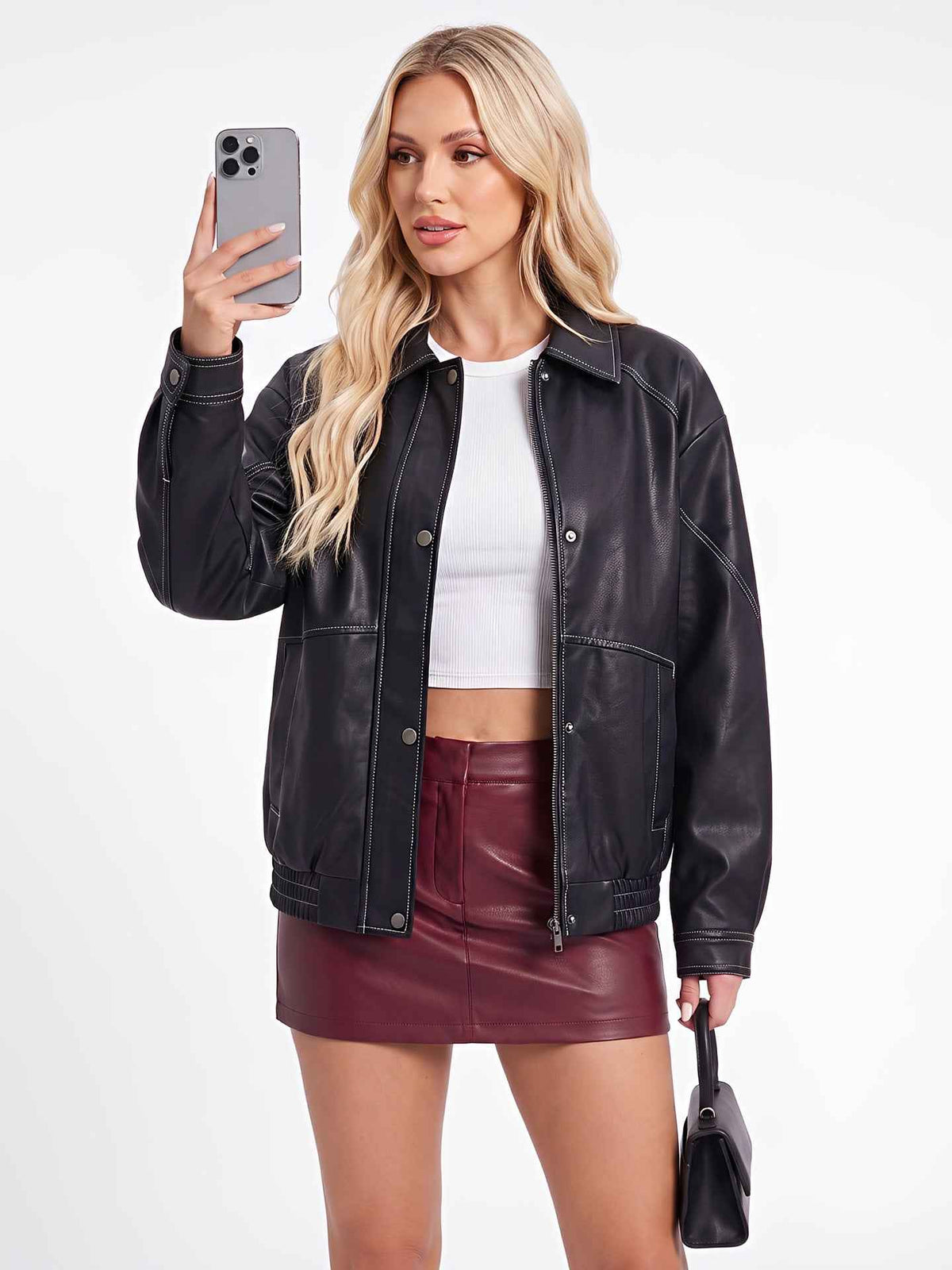 Women's Faux Leather Jacket - Oversized Fit and Contrast Seams