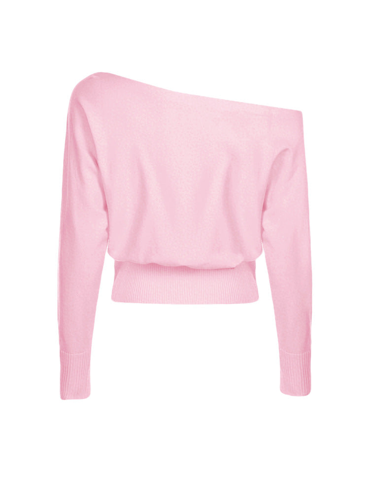 Off Shoulder Knit Sweater - Slouchy Sleeves and Ribbed Hem
