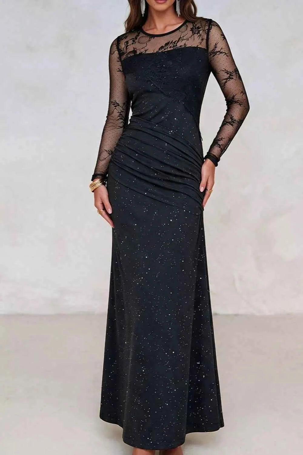 Glitter Mesh Maxi Dress - Floral Lace Illusion Yoke Long Sleeve